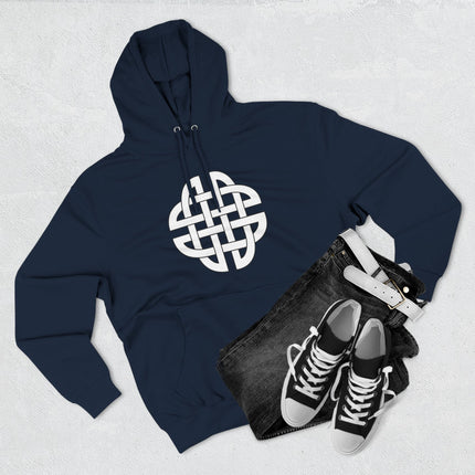 White Celtic knot shield graphic on a navy blue pullover hoodie.