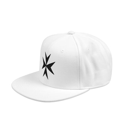 White snapback cap featuring the embroidered Maltese Cross symbol.