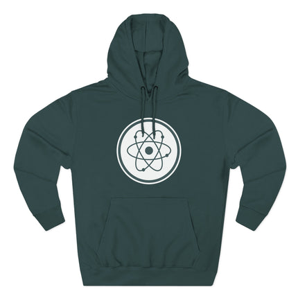 Dark hoodie featuring a minimalist white atom symbol graphic for science and physics enthusiasts.