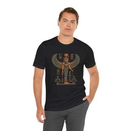 Isis Egyptian goddess graphic tee featuring wings and ancient Egyptian mythology symbols.