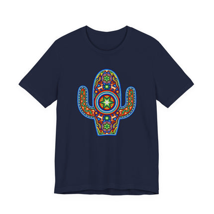 Vibrant Mexican Huichol art cactus graphic tee on a dark blue shirt.