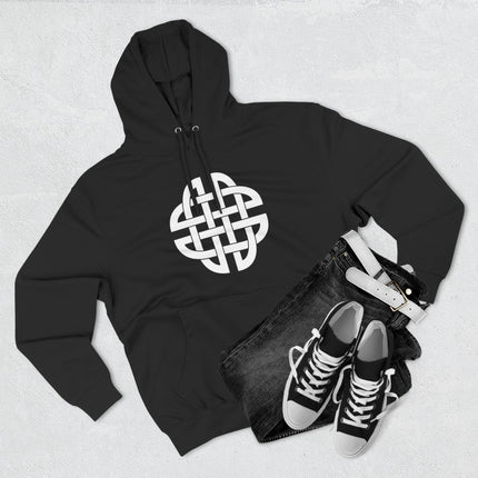 Black hoodie featuring a white Celtic knot symbol. Unisex pullover with Irish cultural design.