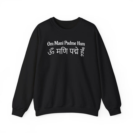 Om Mani Padme Hum mantra graphic on black Buddhist sweatshirt for spiritual wear.