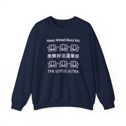 Lotus Sutra floral print sweatshirt featuring the Namu Myoho Renge Kyo Buddhist mantra design.