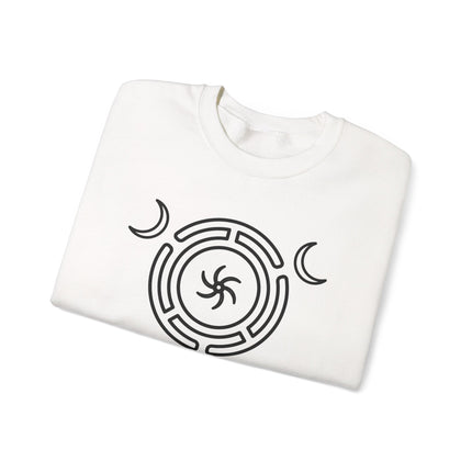 Hecate's Wheel and Triple Goddess moon symbol graphic on a white sweatshirt.