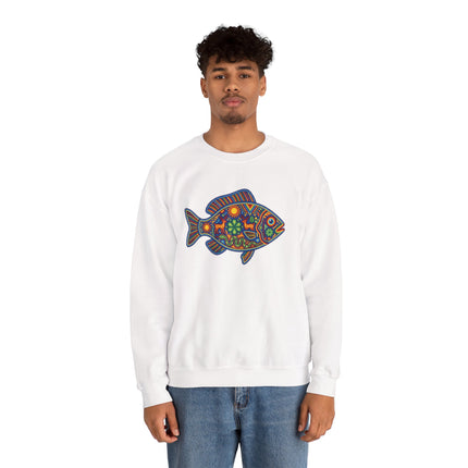 Huichol Mexican folk art fish graphic on a white unisex sweatshirt.