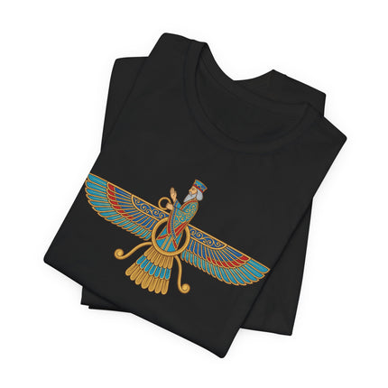 Faravahar winged symbol graphic on a black t-shirt, representing Zoroastrian and ancient Persian culture.