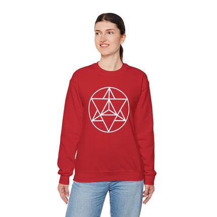 Merkaba sacred geometry symbol on red unisex pullover sweatshirt.