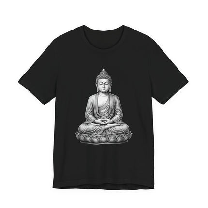 Meditating Buddha seated on a lotus flower graphic design.