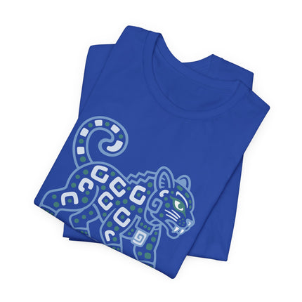 Mayan Jaguar T-Shirt | Teal Walking Cat with Geometric Markings Tee