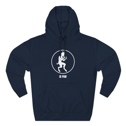 IO PAN! Satyr graphic hoodie featuring Pan playing a flute and the text "IO PAN!".