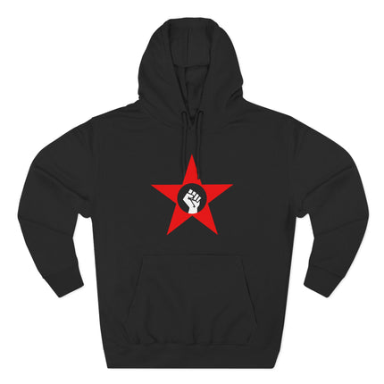 Socialist red star fist graphic on a black protest hoodie.
