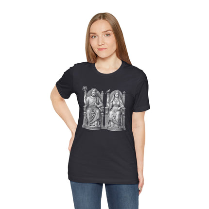 Zeus and Hera classical Greek gods illustration on a black mythology t-shirt.
