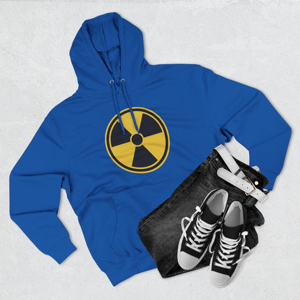 Blue hoodie featuring a yellow radioactive hazard symbol print.
