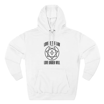 Thelema "Love Is The Law" hoodie featuring occult sigil and "Love Under Will" text.