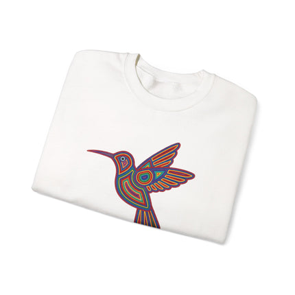 Vibrant Huichol-style sweatshirt featuring hummingbirds and colorful geometric indigenous art design.