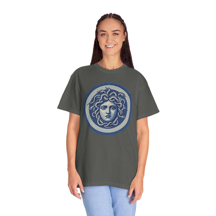 Blue Medusa Mosaic T-Shirt | Greek Mythology Gorgon Head Graphic Tee