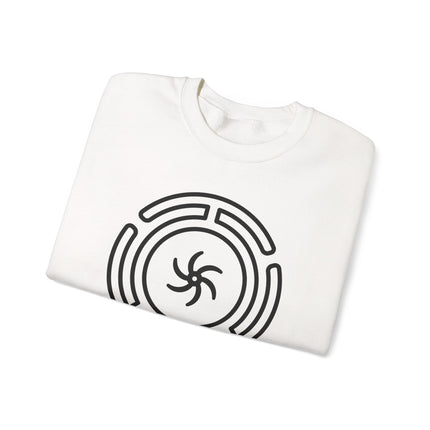 Hekate's Wheel symbol graphic on a white unisex sweatshirt for witchy goddess apparel.