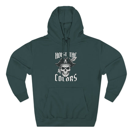 Hoist The Colors" pirate skull graphic on a dark pullover hoodie featuring a tricorn hat.
