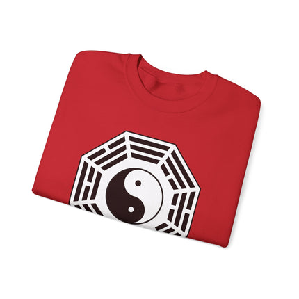 Yin Yang Bagua Taijitu symbol graphic on a red unisex pullover sweatshirt.