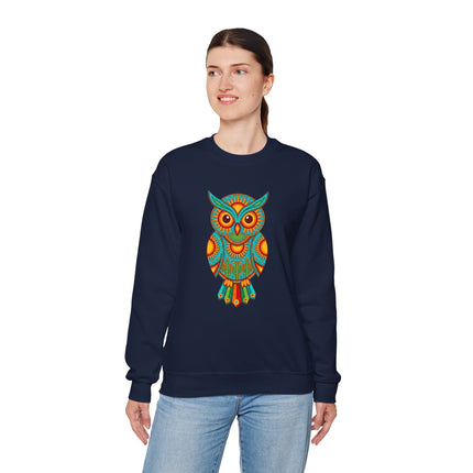 Vibrant Mexican folk art owl graphic on a navy sweatshirt.