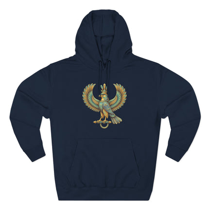 Persian Shahbaz falcon graphic on a navy hoodie, featuring detailed gold mythical bird art.