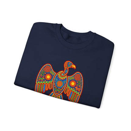 Colorful Huichol vulture folk art design printed on a Mexican indigenous pullover sweatshirt.