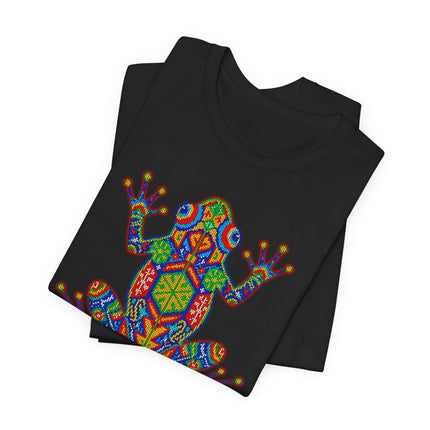 Colorful Huichol frog graphic tee featuring Mexican Indigenous mosaic art.