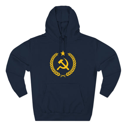 Gold hammer and sickle laurel wreath emblem on a dark blue communist hoodie.