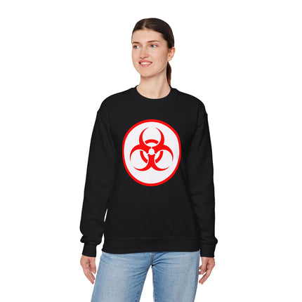 Red biohazard symbol graphic on a black unisex pullover sweatshirt.