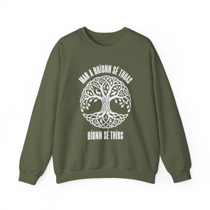 Celtic Tree of Life sweatshirt featuring Celtic knots and Irish Gaelic text, Nár a Bhíonn sé Thuas.