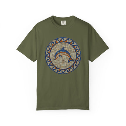 Dolphin Mosaic Art T-Shirt | Blue Marine Sea Life Greek Key Design