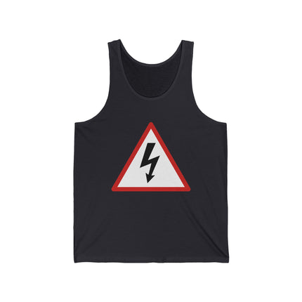 Warning sign tank top featuring a red high voltage lightning bolt symbol.