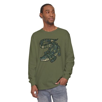 Mayan Crocodile Long Sleeve T-Shirt | Geometric Reptile Tee