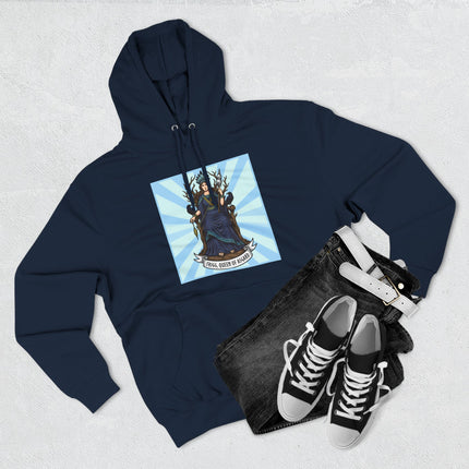 Frigg, Queen of Asgard, Norse mythology goddess graphic design featuring a raven throne.