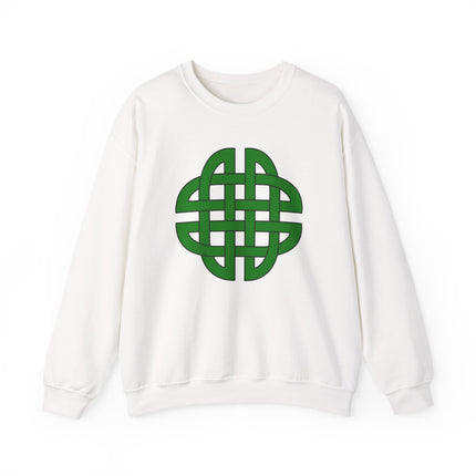 Green Celtic knotwork shield graphic on a white pullover sweatshirt.