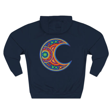 Colorful Huichol mandala crescent moon design on a spiritual boho hoodie.