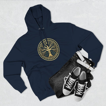 Gold Yggdrasil Tree of Life graphic on a dark blue Norse mythology hoodie.
