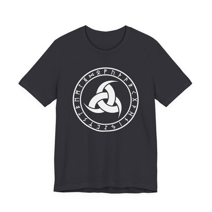 Triple horn of Odin and rune circle graphic on a black Norse t-shirt.
