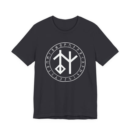 Black t-shirt featuring a circular bind rune and Viking Futhark symbols.