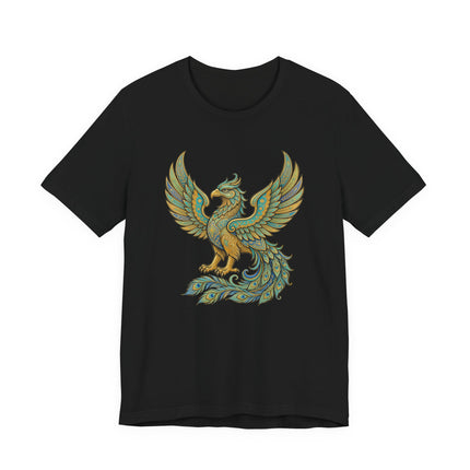Homa Bird phoenix graphic on black tee. Golden Persian mythological art symbolizing the mythical bird.
