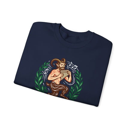 Pan Greek god sweatshirt featuring mythological graphics and a rustic flute motif print.