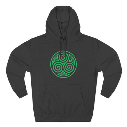 Green Celtic triskelion triple spiral symbol on black hoodie.
