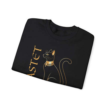 Bastet Egyptian goddess cat graphic print on pullover sweatshirt.
