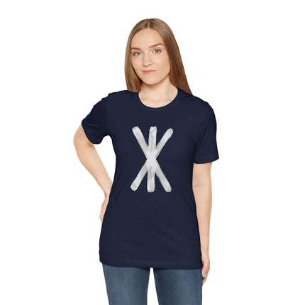 Brushstroke Norse Strength Rune symbol on a dark blue t-shirt.