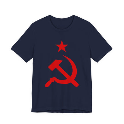 Communist hammer and sickle and red star graphic tee design on a navy shirt.