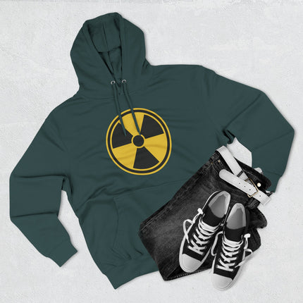 Radioactive hazard symbol graphic on a dark green unisex pullover hoodie.