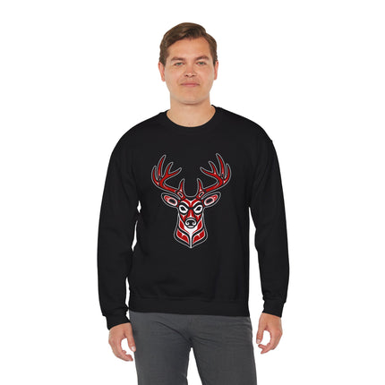Tribal red and black deer head formline art graphic on a black pullover sweatshirt.