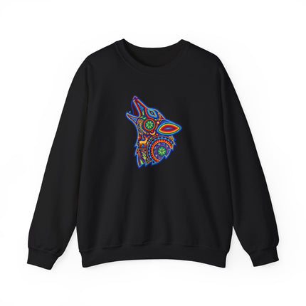 Colorful Huichol wolf tribal art graphic sweatshirt with Mexican folk design.