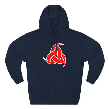 Red Odin's Horns knot symbol on a dark blue Norse Viking graphic hoodie.